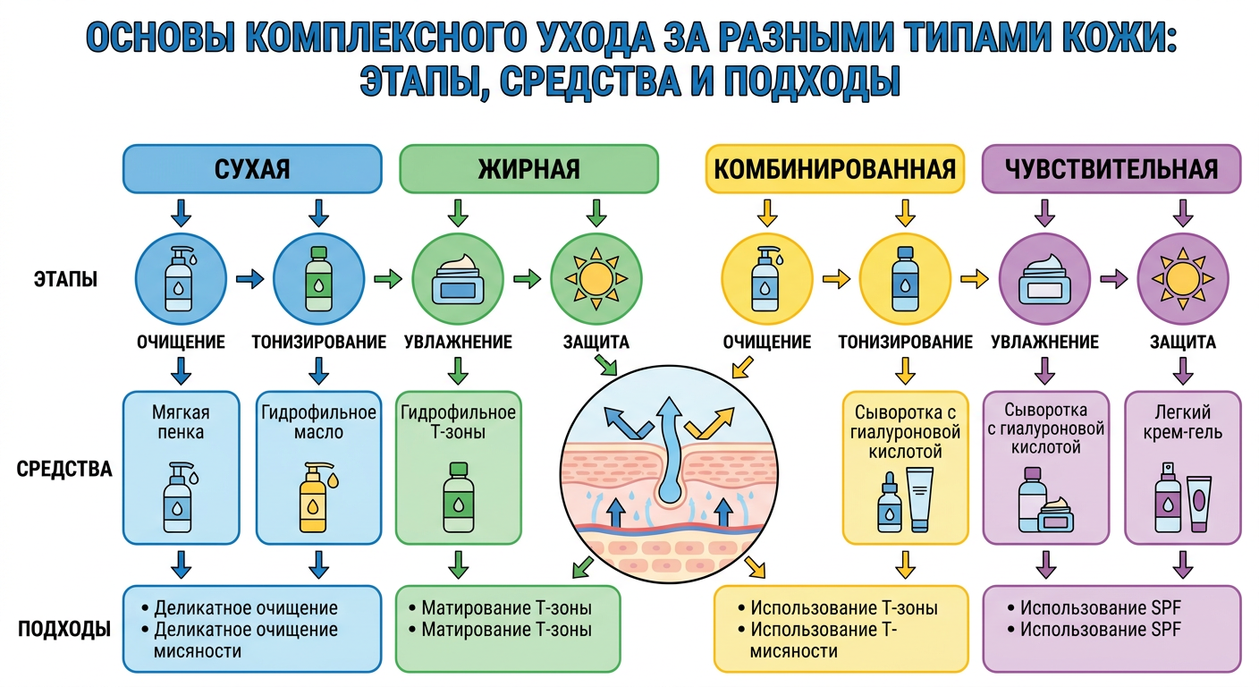 Основы комплексного ухода за разными типами кожи: этапы, средства и подходы